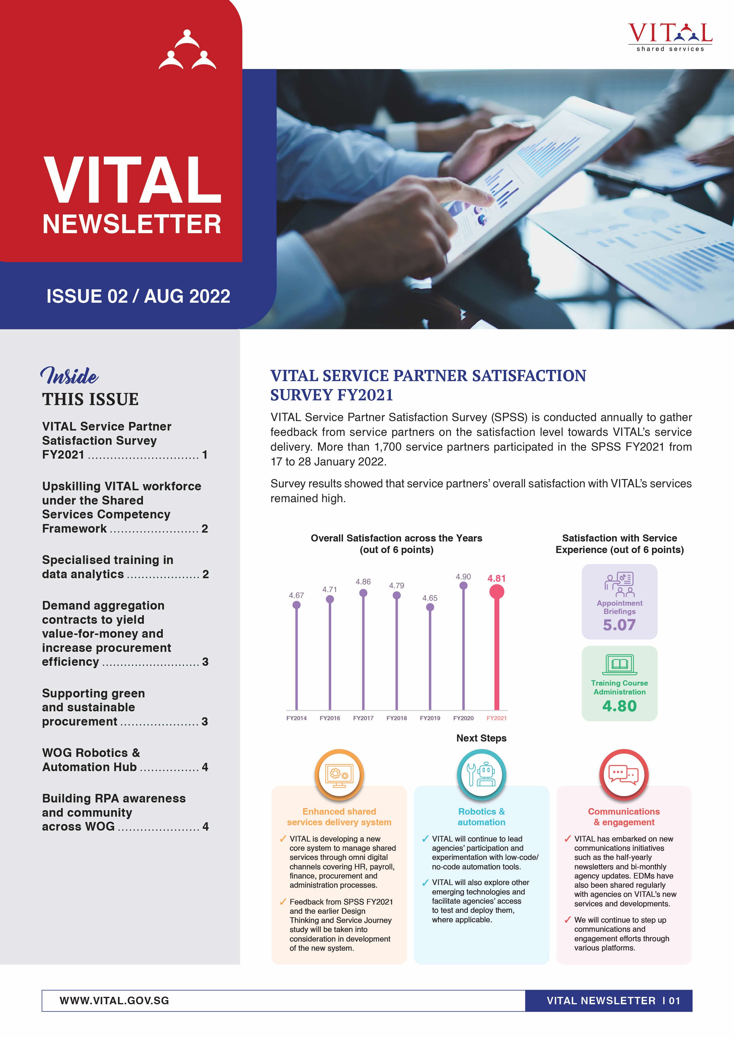 VITAL Shared Services newsletter Issue 02, August 2022, showing satisfaction survey results and next steps.